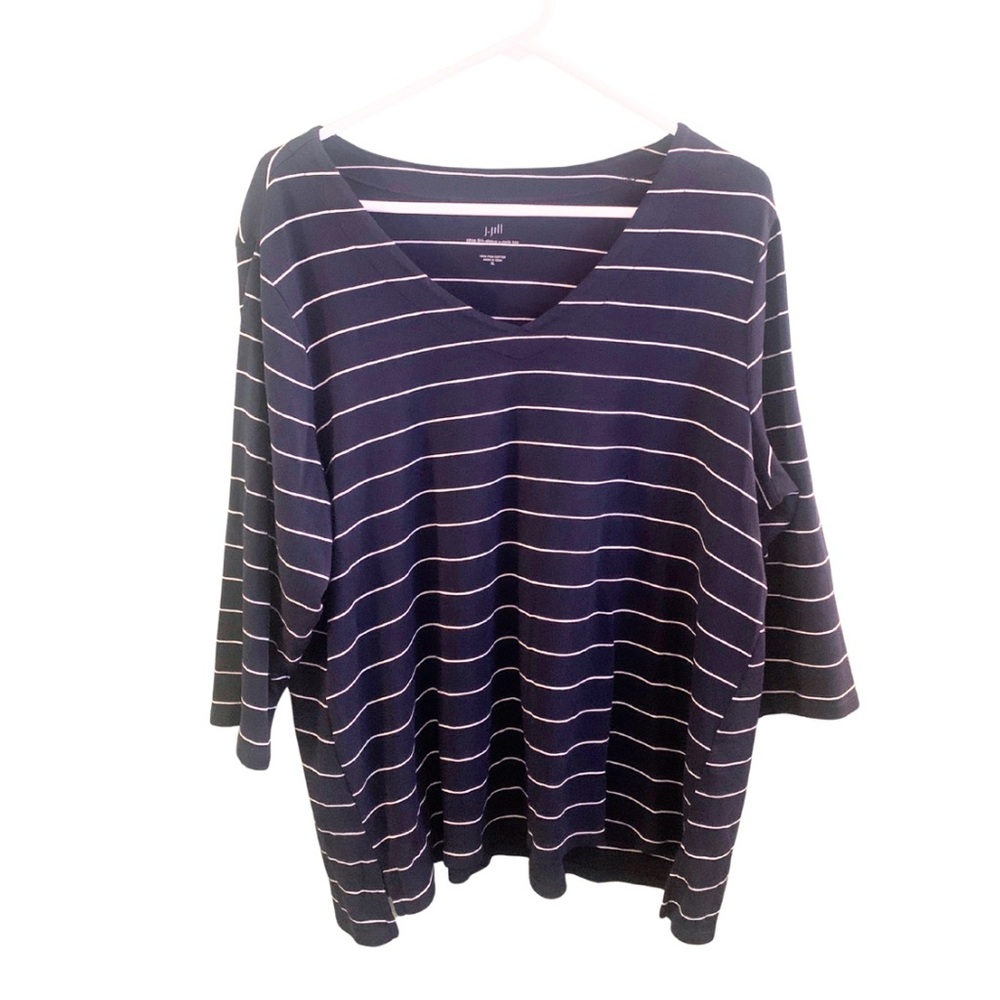J. Jill Pima Cotton 3/4 Sleeve V-Neck Top XL Navy Blue White Striped
